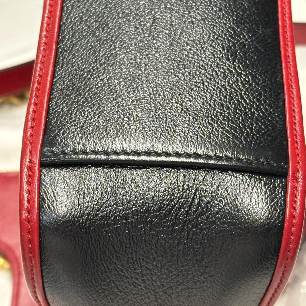 Gucci Marmont Black Quilted Leather Top Handle Satchel Shoulder Bag Red Trim